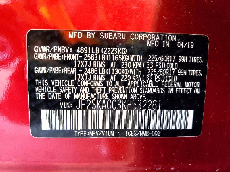 50161116 :رقم المزاد ، JF2SKAGC3KH532261 vin ، 2019 Subaru Forester مزاد بيع