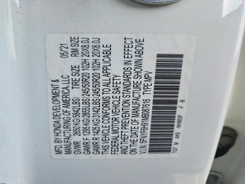 Продажа на аукционе авто 2021 Honda Pilot, vin: 5FNYF6H91MB087616, номер лота: 48795066