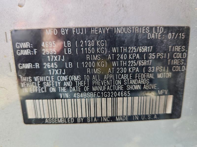 2016 Subaru Outback მანქანა იყიდება აუქციონზე, vin: 4S4BSBFC1G3204665, აუქციონის ნომერი: 51172376
