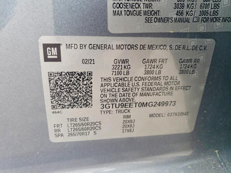 Aukcja sprzedaży 2021 Gmc Sierra, vin: 3GTU9EET0MG249973, numer aukcji: 47423046