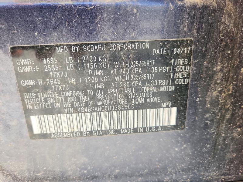 50566476 :رقم المزاد ، 4S4BSAHC0H3384505 vin ، 2017 Subaru Outback مزاد بيع