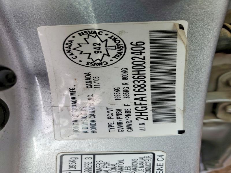 2006 Honda Civic მანქანა იყიდება აუქციონზე, vin: 2HGFA16836H002406, აუქციონის ნომერი: 51326946