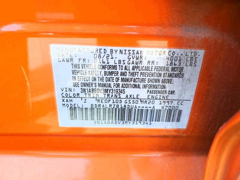 2021 Nissan Sentra მანქანა იყიდება აუქციონზე, vin: 3N1AB8DV3MY319345, აუქციონის ნომერი: 49646786