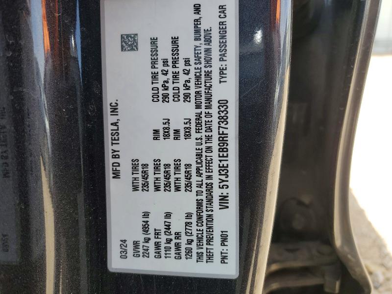 Продаж на аукціоні авто 2024 Tesla Model 3, vin: 5YJ3E1EB9RF738330, номер лоту: 49731206