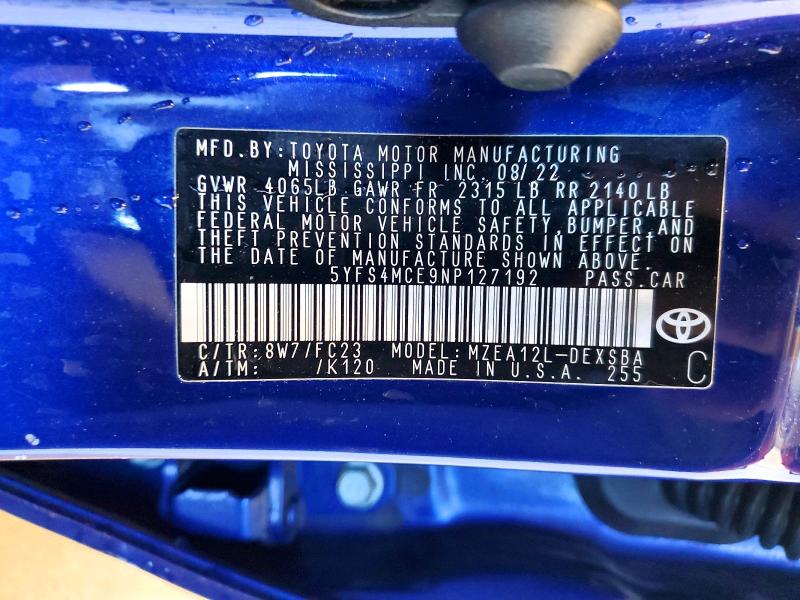 Продаж на аукціоні авто 2022 Toyota Corolla, vin: 5YFS4MCE9NP127192, номер лоту: 51257396