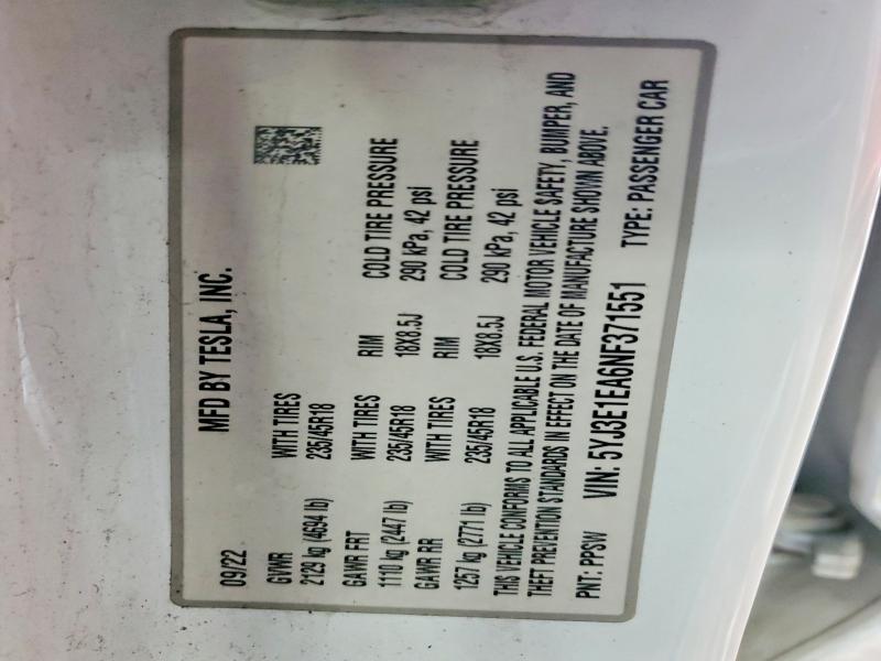 Продажа на аукционе авто 2022 Tesla Model 3, vin: 5YJ3E1EA6NF371551, номер лота: 49803156
