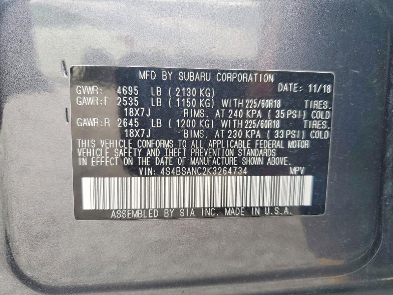 Продажа на аукционе авто 2019 Subaru Outback, vin: 4S4BSANC2K3264734, номер лота: 51860036