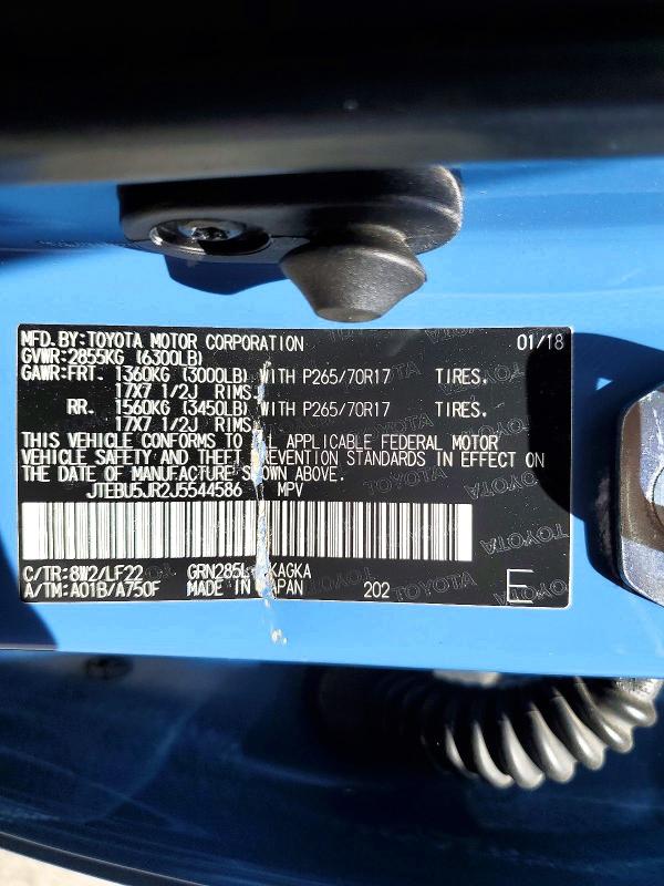 Aukcja sprzedaży 2018 Toyota 4runner, vin: JTEBU5JR2J5544586, numer aukcji: 50259826
