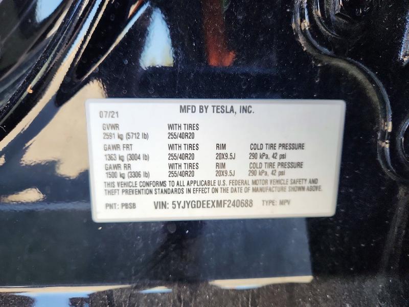 Продажа на аукционе авто 2021 Tesla Model Y, vin: 5YJYGDEEXMF240688, номер лота: 51526516