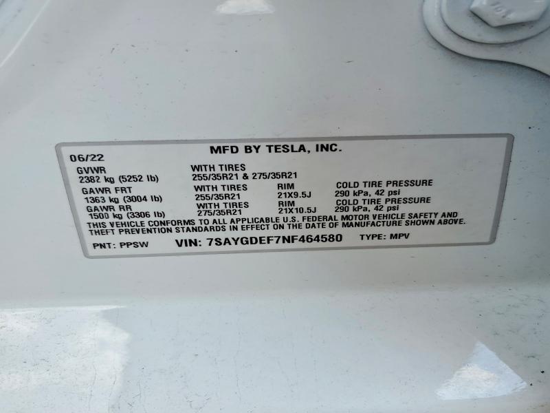 2022 Tesla Model Y მანქანა იყიდება აუქციონზე, vin: 7SAYGDEF7NF464580, აუქციონის ნომერი: 51312646