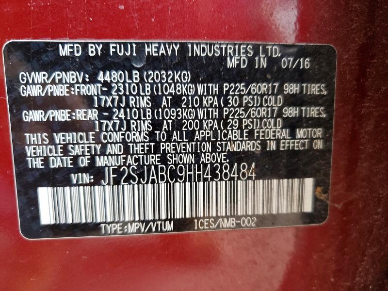 49607756 :رقم المزاد ، JF2SJABC9HH438484 vin ، 2017 Subaru Forester مزاد بيع