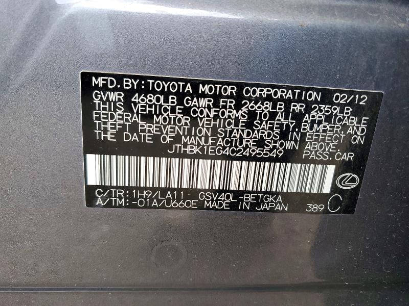 Продаж на аукціоні авто 2012 Lexus Es, vin: JTHBK1EG4C2495549, номер лоту: 51107936
