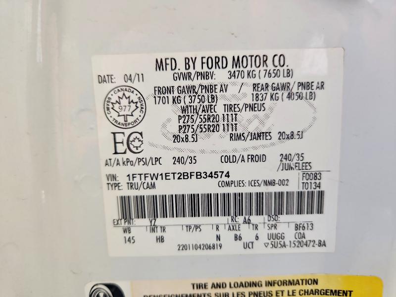 49021816 :رقم المزاد ، 1FTFW1ET2BFB34574 vin ، 2011 Ford F150 مزاد بيع