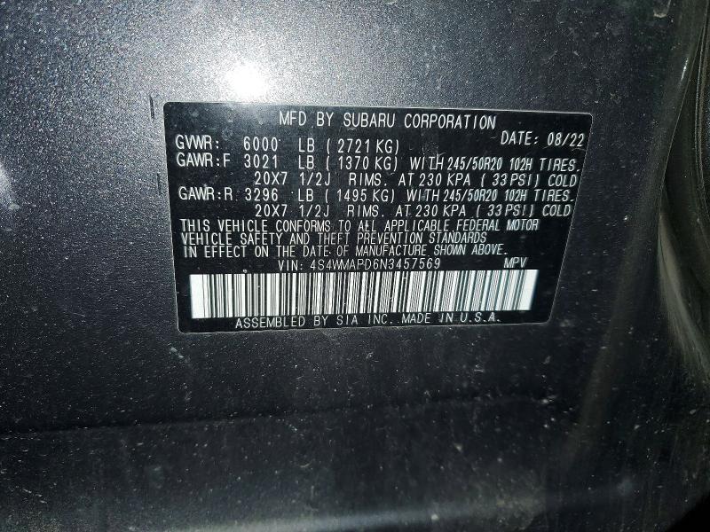 2022 Subaru Ascent მანქანა იყიდება აუქციონზე, vin: 4S4WMAPD6N3457569, აუქციონის ნომერი: 50658236