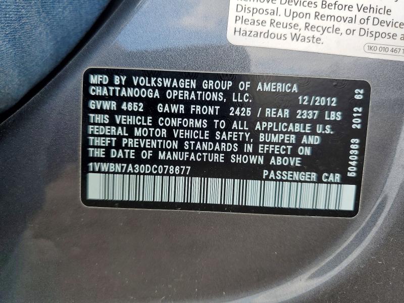 49785076 :رقم المزاد ، 1VWBN7A30DC078677 vin ، 2013 Volkswagen Passat مزاد بيع