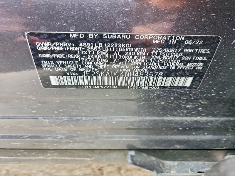 2022 Subaru Forester მანქანა იყიდება აუქციონზე, vin: JF2SKADC4NH483578, აუქციონის ნომერი: 50713926