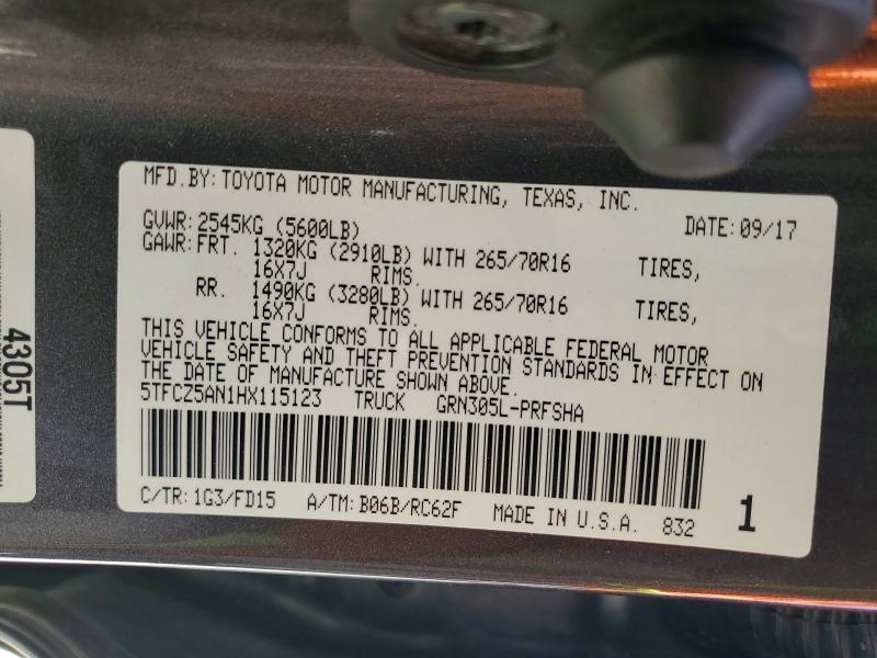 49963026 :رقم المزاد ، 5TFCZ5AN1HX115123 vin ، 2017 Toyota Tacoma مزاد بيع