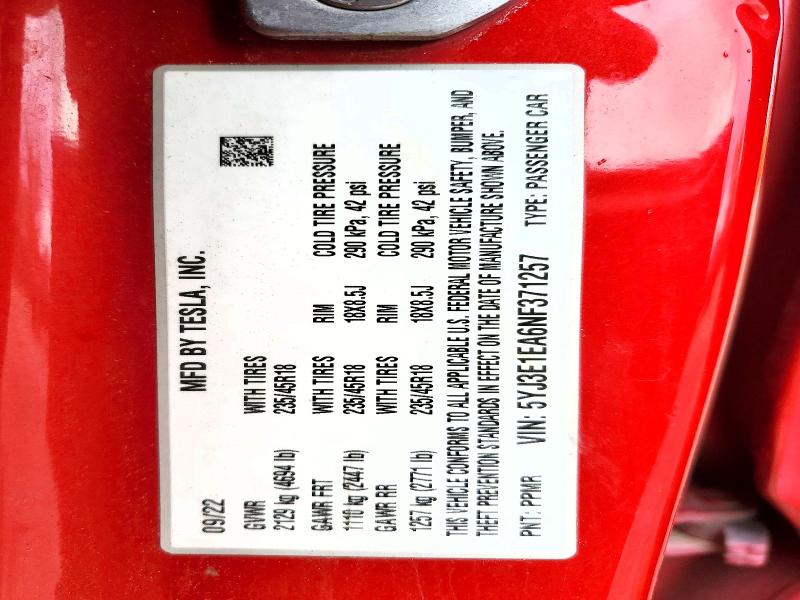 2022 Tesla Model 3 მანქანა იყიდება აუქციონზე, vin: 5YJ3E1EA6NF371257, აუქციონის ნომერი: 51598506