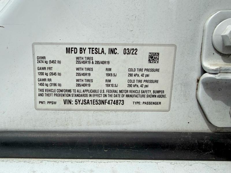 Продаж на аукціоні авто 2022 Tesla Model S, vin: 5YJSA1E53NF474873, номер лоту: 51764606