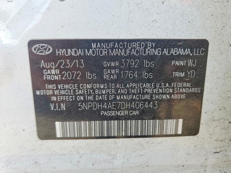 49757046 :رقم المزاد ، 5NPDH4AE7DH406443 vin ، 2013 Hyundai Elantra مزاد بيع