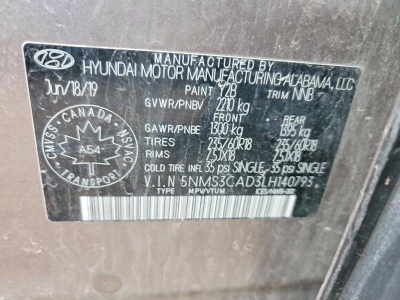 49904196 :رقم المزاد ، 5NMS3CAD3LH140793 vin ، 2020 Hyundai Santa Fe مزاد بيع