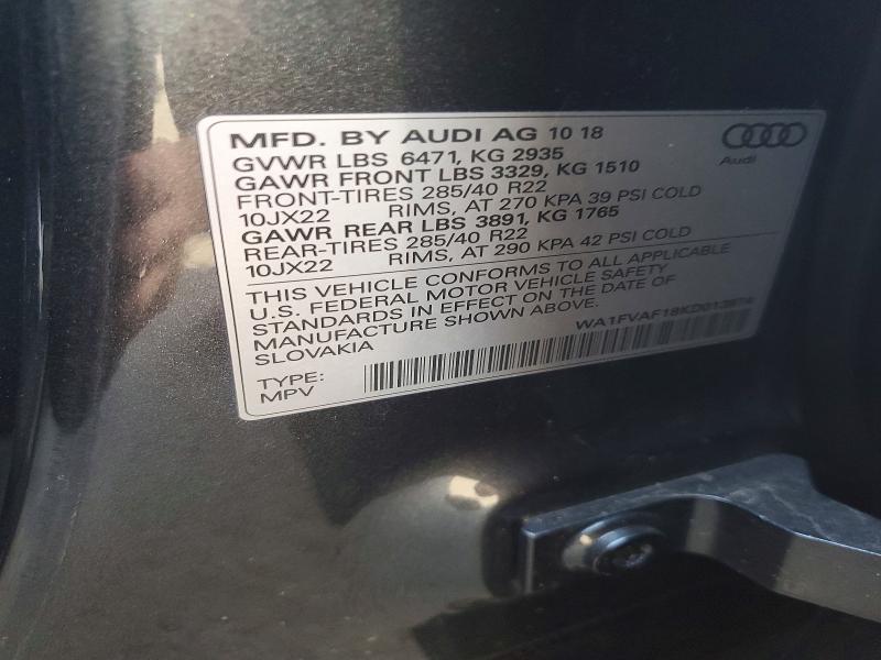 50362716 :رقم المزاد ، WA1FVAF18KD013974 vin ، 2019 Audi Q8 مزاد بيع