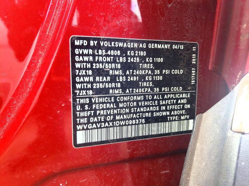49079036 :رقم المزاد ، WVGAV3AX1DW098375 vin ، 2013 Volkswagen Tiguan مزاد بيع