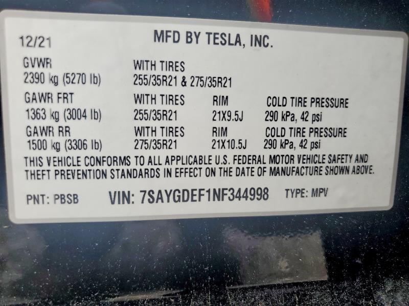 2022 Tesla Model Y მანქანა იყიდება აუქციონზე, vin: 7SAYGDEF1NF344998, აუქციონის ნომერი: 51489556