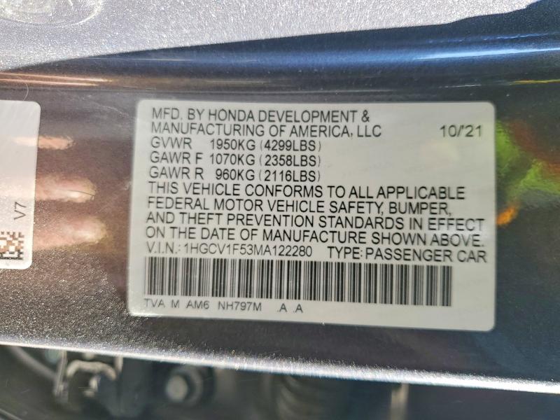 Aukcja sprzedaży 2021 Honda Accord, vin: 1HGCV1F53MA122280, numer aukcji: 48861196