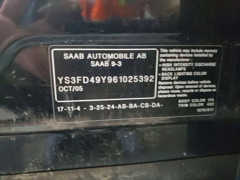 Aukcja sprzedaży 2006 Saab 9-3, vin: YS3FD49Y961025392, numer aukcji: 49272296