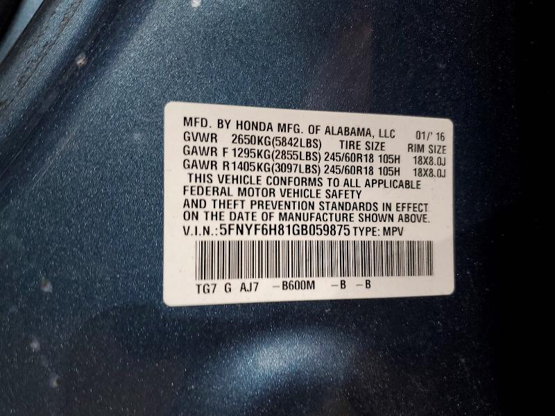 Продаж на аукціоні авто 2016 Honda Pilot, vin: 5FNYF6H81GB059875, номер лоту: 52028956