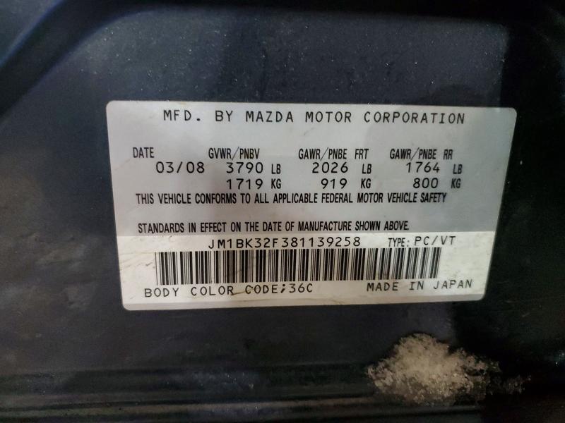 50291016 :رقم المزاد ، JM1BK32F381139258 vin ، 2008 Mazda 3 مزاد بيع