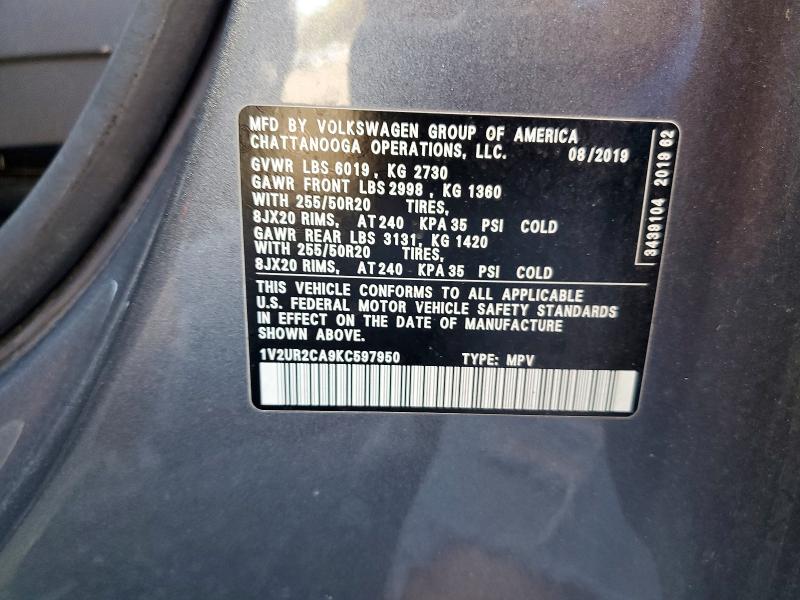 50226156 :رقم المزاد ، 1V2UR2CA9KC597950 vin ، 2019 Volkswagen Atlas مزاد بيع