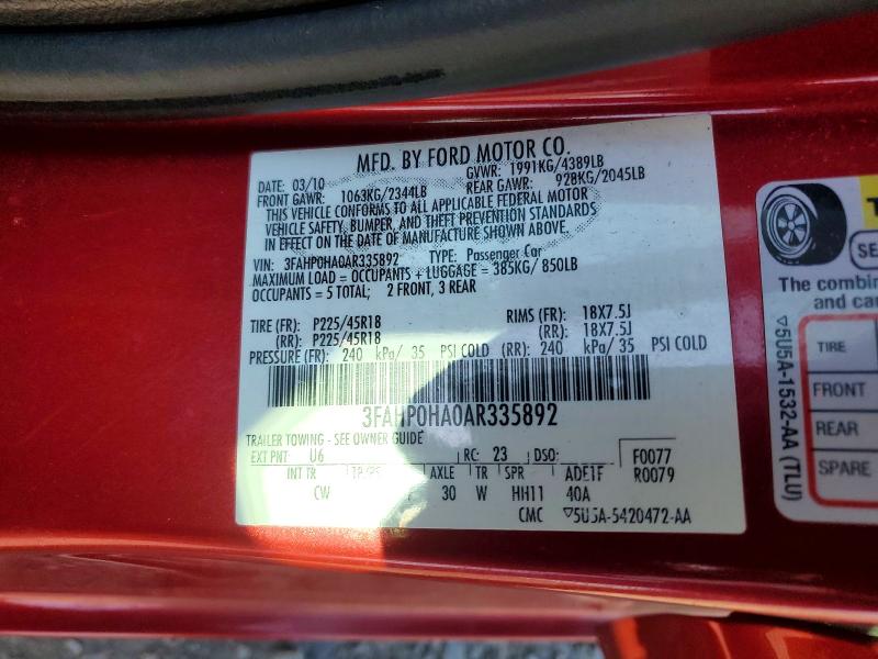 49086786 :رقم المزاد ، 3FAHP0HA0AR335892 vin ، 2010 Ford Fusion مزاد بيع