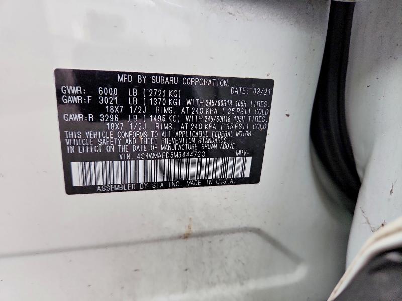 49327526 :رقم المزاد ، 4S4WMAFD5M3444733 vin ، 2021 Subaru Ascent مزاد بيع
