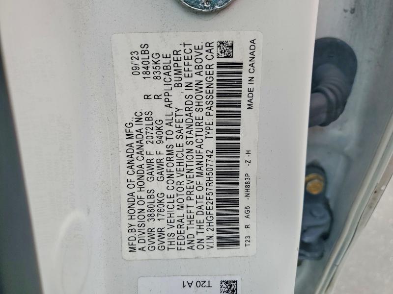 Aukcja sprzedaży 2024 Honda Civic, vin: 2HGFE2F57RH507742, numer aukcji: 51145706