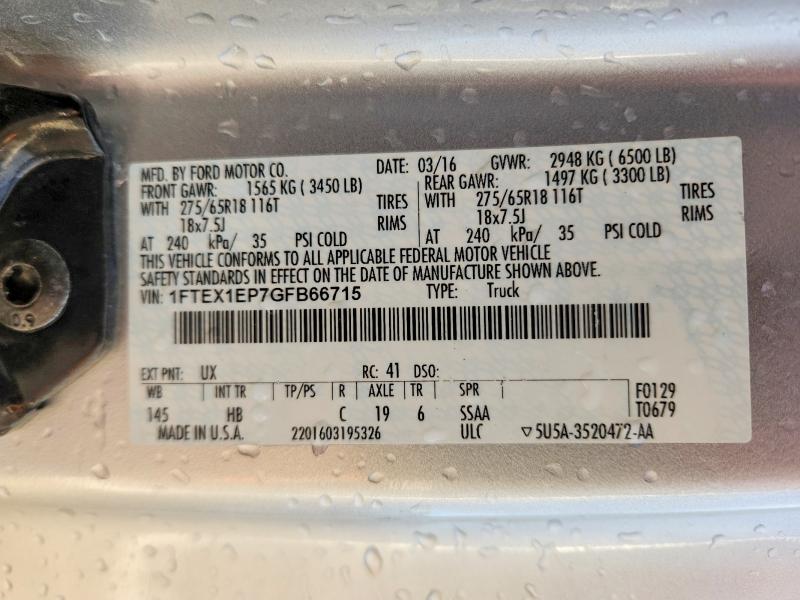 51968166 :رقم المزاد ، 1FTEX1EP7GFB66715 vin ، 2016 Ford F150 مزاد بيع