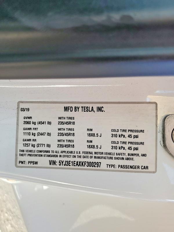 51143036 :رقم المزاد ، 5YJ3E1EAXKF300297 vin ، 2019 Tesla Model 3 مزاد بيع