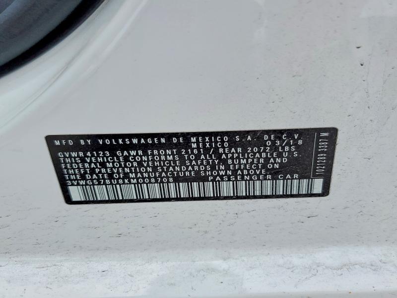 49663946 :رقم المزاد ، 3VWG57BU8KM008708 vin ، 2019 Volkswagen Jetta مزاد بيع