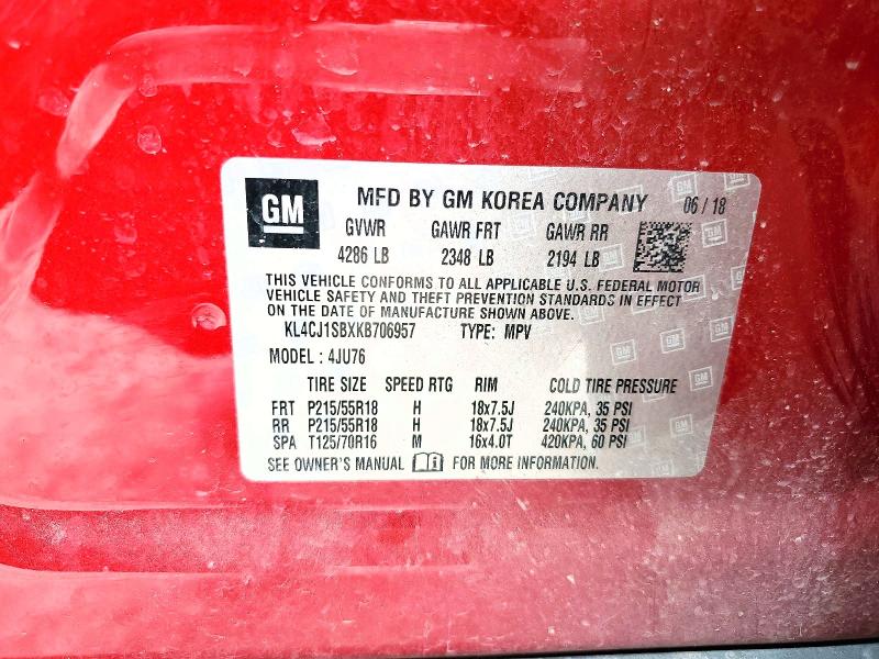 2019 Buick Encore მანქანა იყიდება აუქციონზე, vin: KL4CJ1SBXKB706957, აუქციონის ნომერი: 48464806