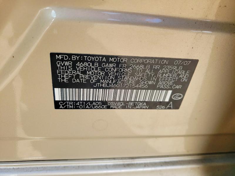 50435386 :رقم المزاد ، JTHBJ46G172154456 vin ، 2007 Lexus Es مزاد بيع