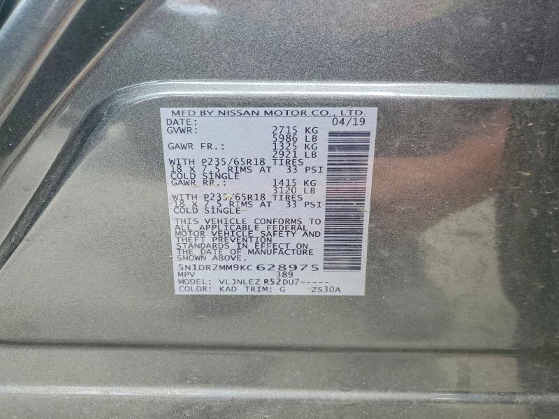 2019 Nissan Pathfinder მანქანა იყიდება აუქციონზე, vin: 5N1DR2MM9KC628975, აუქციონის ნომერი: 51657266