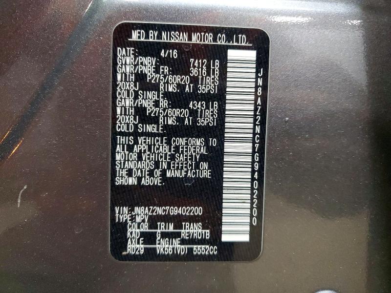 50758936 :رقم المزاد ، JN8AZ2NC7G9402200 vin ، 2016 Infiniti Qx80 مزاد بيع