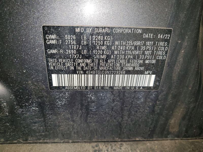 2022 Subaru Outback მანქანა იყიდება აუქციონზე, vin: 4S4BTGUD9N3229266, აუქციონის ნომერი: 50429756
