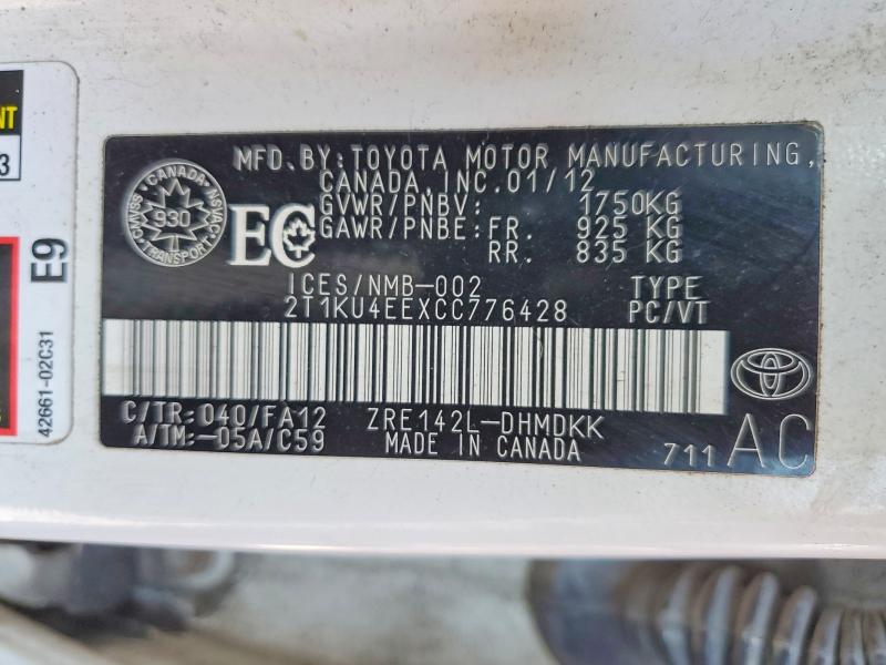 2012 Toyota Matrix მანქანა იყიდება აუქციონზე, vin: 2T1KU4EEXCC776428, აუქციონის ნომერი: 49554236