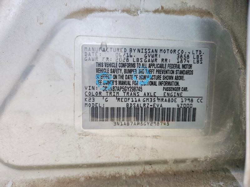 2016 Nissan Sentra მანქანა იყიდება აუქციონზე, vin: 3N1AB7AP5GY298745, აუქციონის ნომერი: 51879646