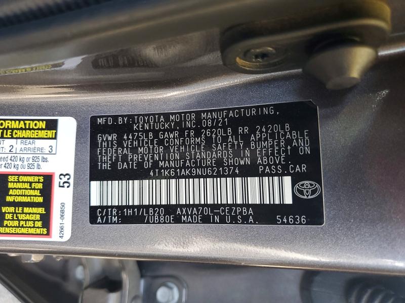 50199606 :رقم المزاد ، 4T1K61AK9NU621374 vin ، 2022 Toyota Camry مزاد بيع