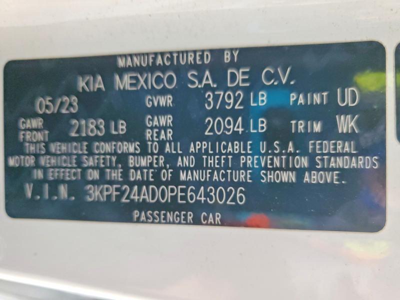 2023 Kia Forte მანქანა იყიდება აუქციონზე, vin: 3KPF24AD0PE643026, აუქციონის ნომერი: 50462056