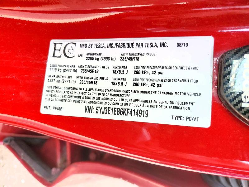 2019 Tesla Model 3 მანქანა იყიდება აუქციონზე, vin: 5YJ3E1EB6KF414919, აუქციონის ნომერი: 49066406