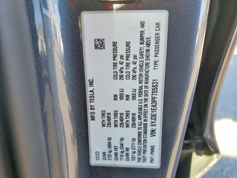 2023 Tesla Model 3 მანქანა იყიდება აუქციონზე, vin: 5YJ3E1EA3PF705831, აუქციონის ნომერი: 48678396